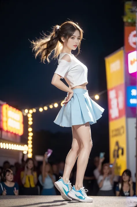 (((best quality))), (((ultra detailed))), (((masterpiece))), illustration,((a beautiful girl,solo)),(shoulder length straight hair:1.2),((slim,thin)),((small breasts,flat chest,claviclis,navel)),(blue short-sleeved white shirt:1.5),(blue mini-skirt:1.3),(s...