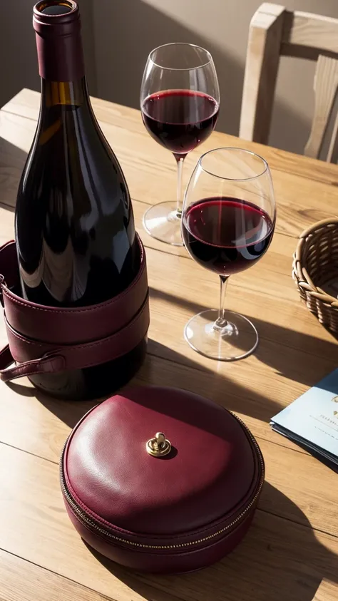 Some round glasses on a table, a wine red bag