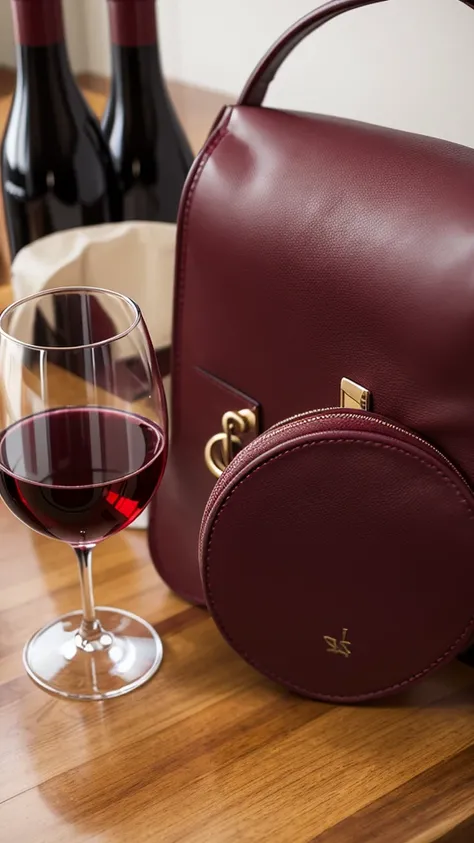 Some round glasses on a table, a wine red bag