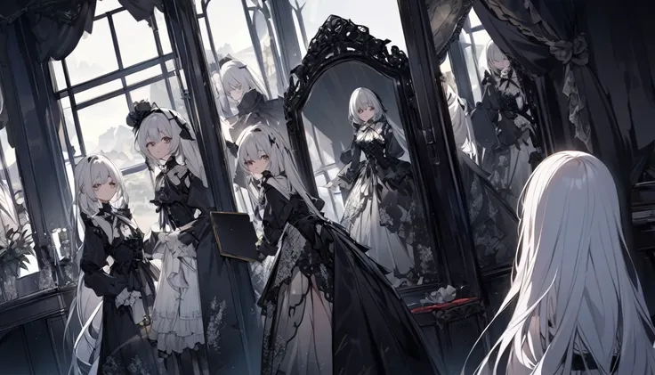 mysterious。White Hair Girl。Detailed Background。鏡の世界にいるWhite Hair Girlが、A scene where you face another version of yourself in the mirror。In the background, a mysterious landscape is reflected in the mirror.。Gothic Costume。