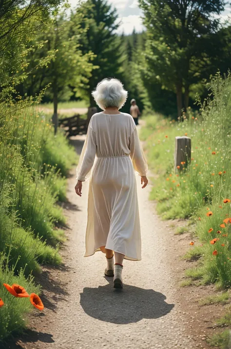 60 year old woman,happy, through the long pipe, with baggy yellow loose dress, fescalza, walking on a poppy path, with rustic cabins, stone bridge and sunny atmosphere 