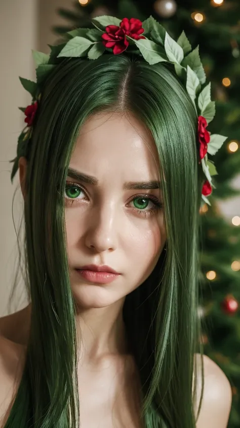 a girl.   thirty years old.  face sent feeling.  Europe.  Oval face.  long face.  delicate facial features.  sad eyes.  seductively seductive.  green eyes.  long straight hair.  green hair.  wreath on head.  Red lips.  expression of disappointment.  shy ex...