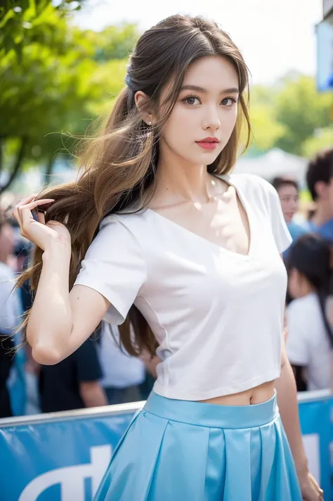 (((best quality))), (((ultra detailed))), (((masterpiece))), illustration,((a beautiful girl,solo)),(shoulder length straight hair:1.2),((slim,thin)),((small breasts,flat chest,claviclis,navel)),(blue short-sleeved white shirt:1.5),(blue mini-skirt:1.3),(s...