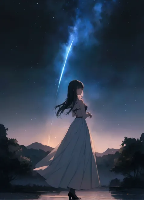 masterpiece, Anime quality, Painting:Xin Haicheng, Night Sky, comet、Background only、Nohuman