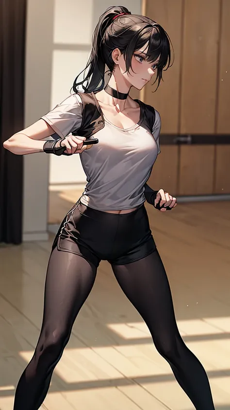 ((Highest quality)), ((masterpiece)), (detailed)　｛{{Slender female martial arts instructor}}｝　Shorts　{{Décolletage}}　{{White short-sleeved T-shirt with long length}}　Mature Woman　((Combat Stance))　Long fingerless gloves　Black tights　{{Inside the dojo}}　Bla...