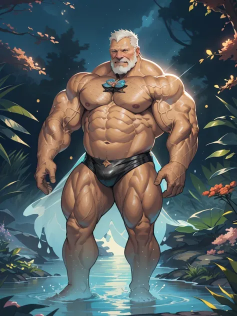 ((((((1man,solo,male)))))) ((FULL BODY POSE)) ((GIGACHAD, MASSIVE MUSCULAR BODY)) ((( HUGE MUSCLE, OLD MAN, PECTORAL, HUGE ARMS, BIG THIGH, SEXY POSE))) | FLOATING IN THE WATER WITH STARS (SPARKLE) (FLOWER) BACKGROUND IS BLUE SKY ((PARADISE)) | FULL BODY, ...