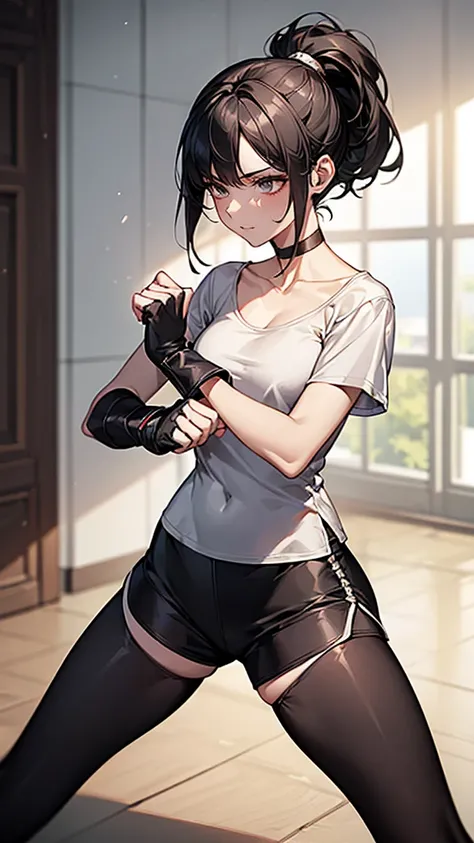 ((Highest quality)), ((masterpiece)), (detailed)　｛{{Slender female martial arts instructor}}｝　Shorts　{{Décolletage}}　{{White short-sleeved T-shirt with long length}}　Mature Woman　((Combat Stance))　Long fingerless gloves　Black tights　{{Inside the dojo}}　Bla...