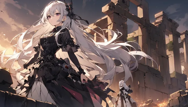 mysterious。White Hair Girl。Detailed Background。古代のmysteriousな武器を手にするWhite Hair Girlが、The scene where he tries to release his power。In the background are ancient temples and ruins。Gothic Costume。