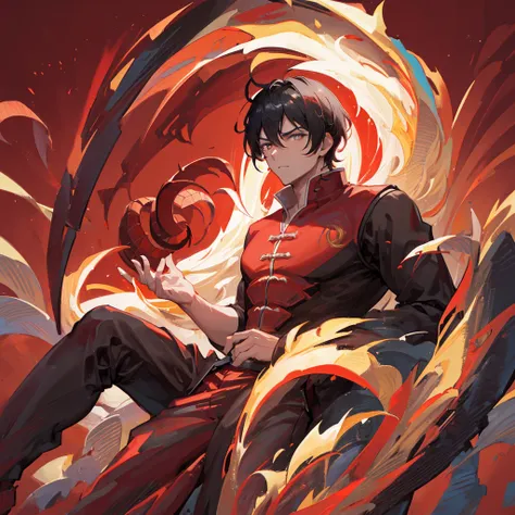 A handsome guy，male，Chinese style，Shenlong，Black short hair，Red clothes，((Pure red background))