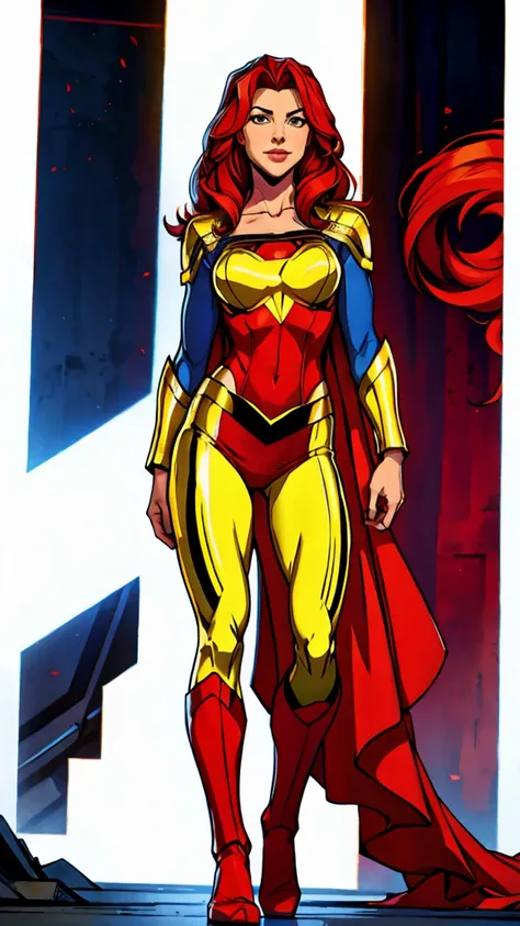 ((Full body photo,standing, feet on the ground))supergirl A red-haired warrior man with yellow eyes wearing black and gold Supergirl armor