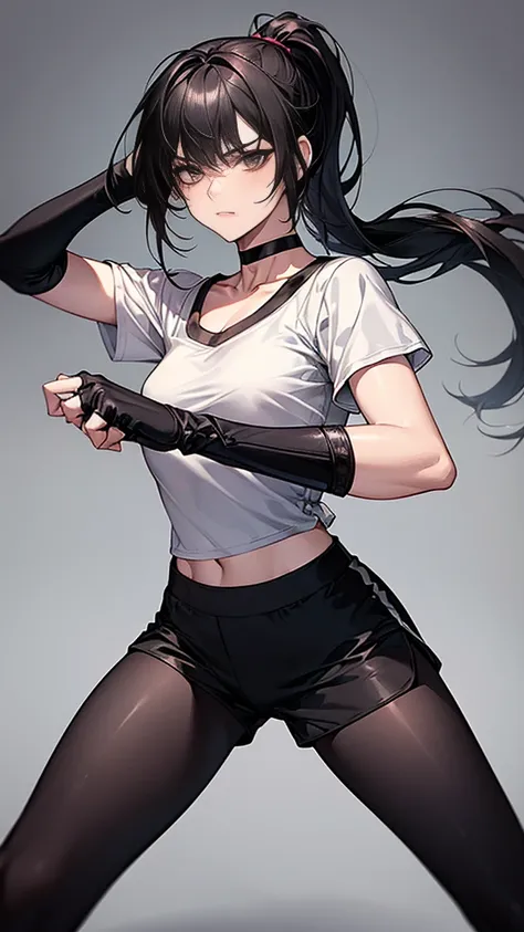 ((Highest quality)), ((masterpiece)), (detailed)　｛{{Slender female martial arts instructor}}｝　Shorts　{{Décolletage}}　{{White short-sleeved T-shirt with long length}}　Mature Woman　((Combat Stance))　Long fingerless gloves　Black tights　{{Inside the dojo}}　Bla...