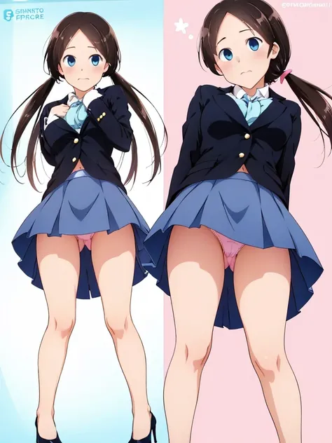 (Multiple Views)High resolution、official anime style、One Woman、Office Suits、Tight mini skirt、panties、bra、Office Room、High heels、Embarrassed、Full body image、From directly below、Twin tails