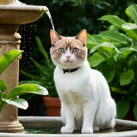 A round-eyed cute cat, Garden fountain, , Distant home, cute, Little