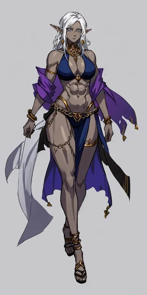 Appearance
Gender: Female
Age: Mature
Race: Drow (elf with dark skin and white hair)
Height: Full-body
Skin: Gray
Skin: Gray
Background: Plain Gray
Eyes: Purple
Attire: Bikini, revealing abdominal muscles
Accessories: Large earrings, ragged rags, chain nec...