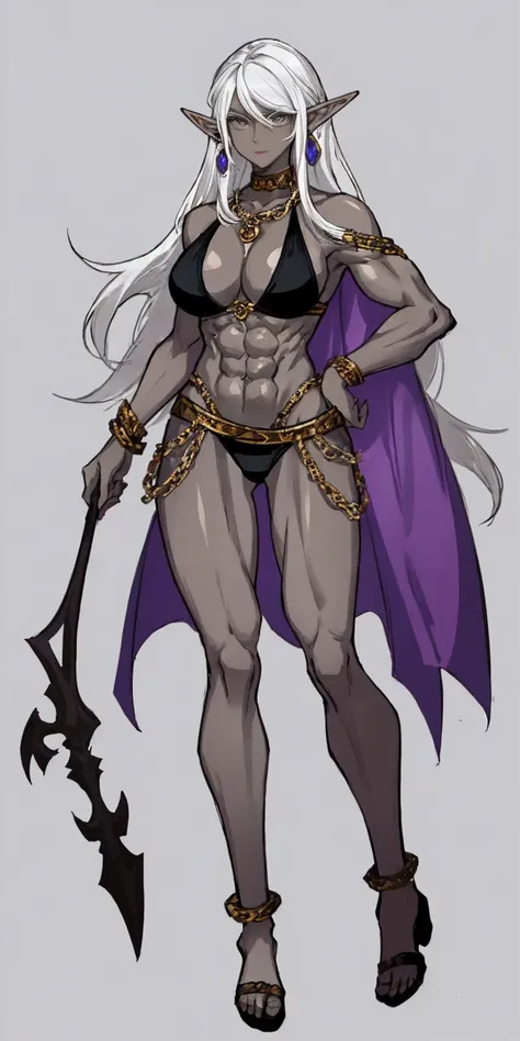 Appearance
Gender: Female
Age: Mature
Race: Drow (elf with dark skin and white hair)
Height: Full-body
Skin: Gray
Skin: Gray
Background: Plain Gray
Eyes: Purple
Attire: Bikini, revealing abdominal muscles
Accessories: Large earrings, ragged rags, chain nec...