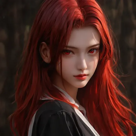 best quality, masterpiece, solo, 1girl, red hair, shirt,  red eyes, black beckground, full faces