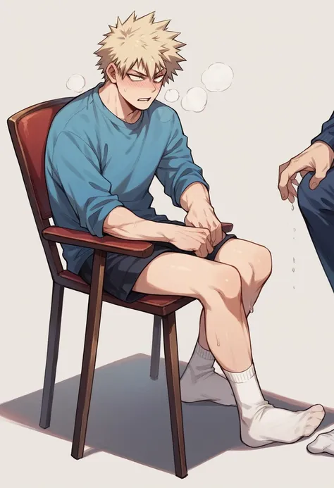 Anime Boy Bakugo very sweaty thin white socks toe scrunching under chair 