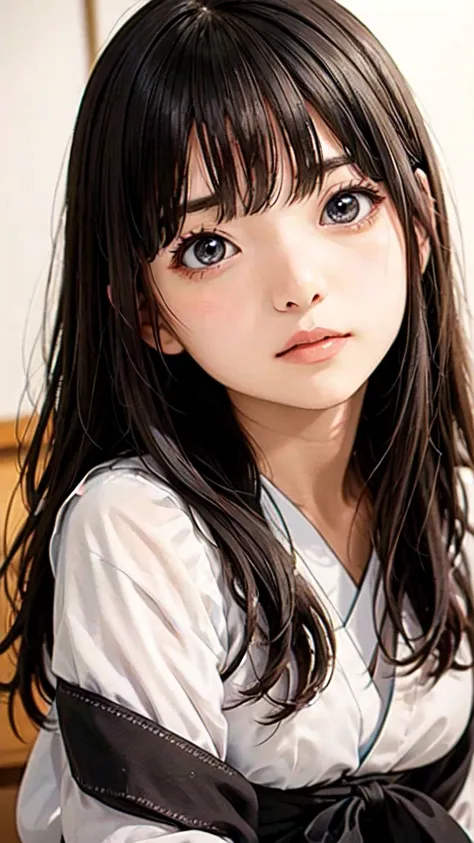 very cute and beautiful girl,(highly detailed beautiful face),(((a very cute face like a top japanese idol)))、white blouse,ribbo...