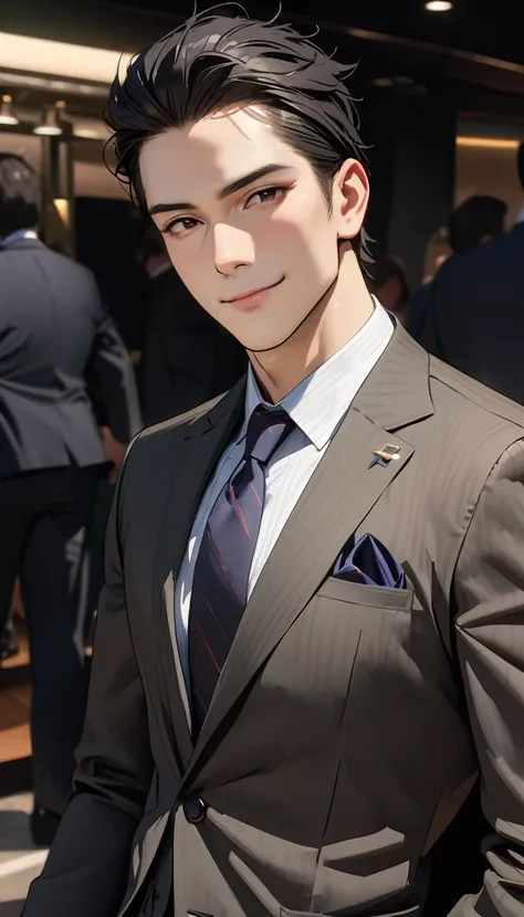 35 years old, modern, Verism, masterpiece, textured skin, super detail, best quality, 4K,A handsome man with short black hair is wearing a charcoal gray suit. He has a kind and sincere smile.