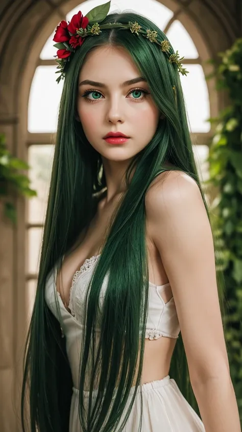 a girl.  face sent feeling.  Europe.  Oval face.  long face.  delicate facial features.  thoughtful eyes.  seductively seductive.  green eyes.  long straight hair.  green hair.  wreath on head.  Red lips.  sad expression.  shy.  straight face