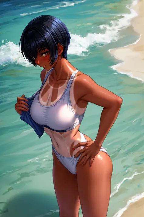 8k, high quality, ultra quality, ultra detailed, Absurd, BREAK 1人の女の子, 18_ years_ old, tomboy, BREAK (muscle:0.5), (Black Hair, Pixie Cut Tan, Sunburn lines, Dark skinned women, Dark Skin:1.3), (chest, gigantic chest, Perfect hands, perfect fingers:1.2), s...