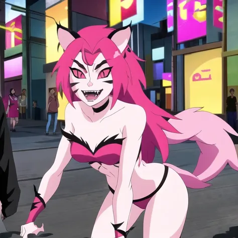 NyaNya, 1girl, solo, pink eyes, pink hair, pink skin, long hair, cat ears, cat tail, claws, slit pupils, pink lips, whisker markings, fangs, choker, best quality, masterpiece, city