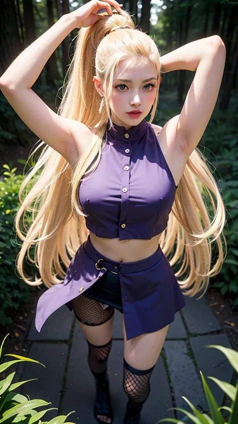 yamanaka ino, hair over one eye, ponytail, hairclip purple crop top, sleeveless, purple skirt, fishnets, earrings, midriff, ultra realistic, high res, highly detail, masterpiece, best quality, blushing, kawaii face, cute face, fighting pose, looking at vie...