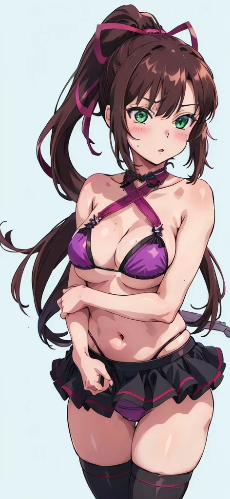 masterpiece, best quality,1girl,solo,kirasaka sayaka,brown hair,long hair,ponytail, hair ribbon, green eyes,,purple thighhighs, wariza, (bikini). (((Mistress)))