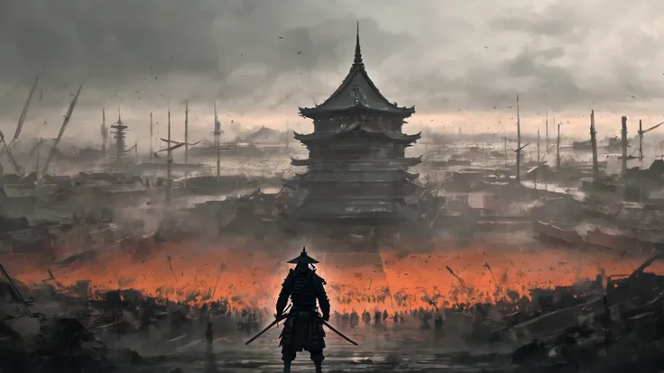 a samurai standing showing his back holding katana watching towards the battlefield where people fighting and full of chaos and war, the atmosphere is scary and the tone of image is orange