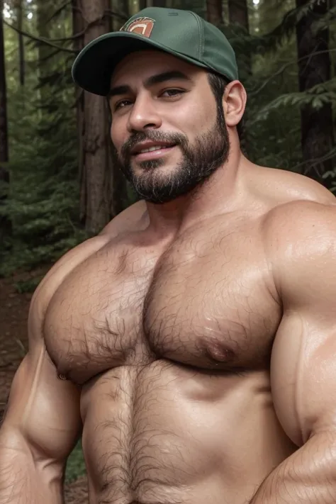 Masterpiece, Best Quality, High resolution, (1 chico:1.4), male focus, tanned skin, 50-year-old man in forest, wearing baseball cap, brown hair, italian, furry, beefy, chubby, dad body, dad bod, in the forest with campfire background, warm lighting, HDR, (...