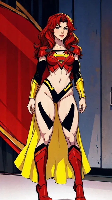 ((Full body photo,standing, feet on the ground))supergirl A red-haired warrior man with yellow eyes wearing black and gold Supergirl armor