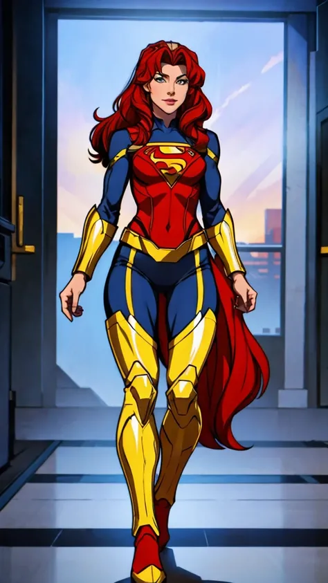 ((Full body photo,standing, feet on the ground))supergirl A red-haired warrior man with yellow eyes wearing black and gold Supergirl armor