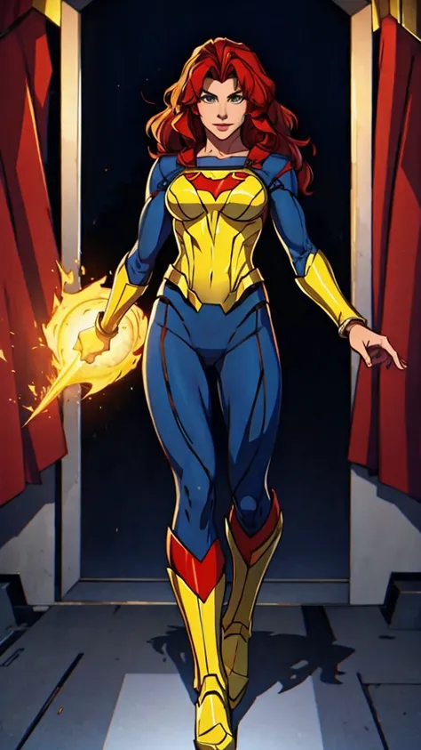 ((full body photo,standing, feet on the ground))supergirl a red-haired warrior man with yellow eyes wearing black and gold super...