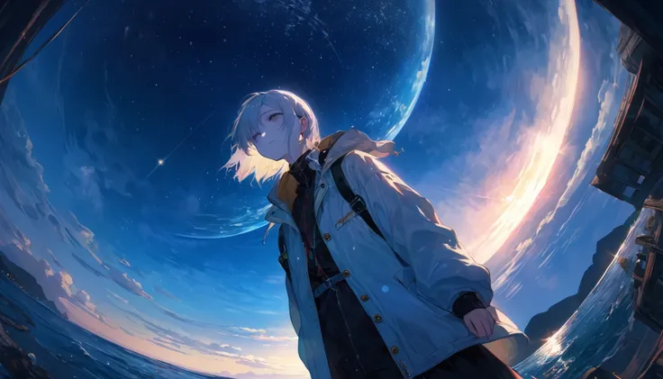 Starry Sky, After the Rain, horizon , In the sky,Lens flare, colorful,coat,Put your hands in your pockets,(student, 18-year-old, ＪＫ, Her short silver hair sways, Pale skin, Lack of eye sparkle) Look up at the sky, Beautiful sky, There is an ocean,White Str...