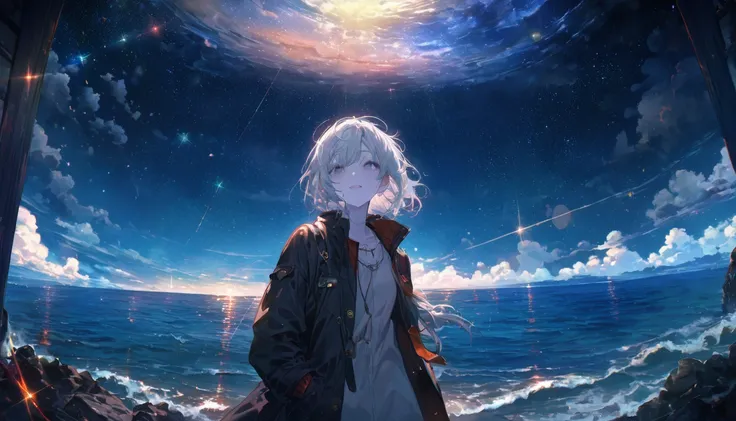 Starry Sky, After the Rain, horizon , In the sky,Lens flare, colorful,coat,Put your hands in your pockets,(student, 18-year-old, ＪＫ, Her short silver hair sways, Pale skin, Lack of eye sparkle) Look up at the sky, Beautiful sky, There is an ocean,White Str...