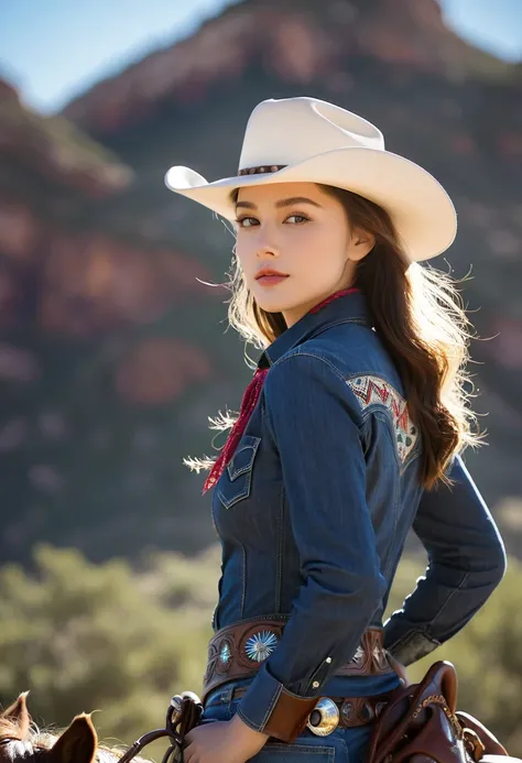 Western cowboy style, Cowboy girl, photography, best quality, Practical, Practical, Intricate details, (Fine details), (Intricate details), light, best quality backlight, Clear lines, 8K, Ultra-high resolution, Pure face_v1,