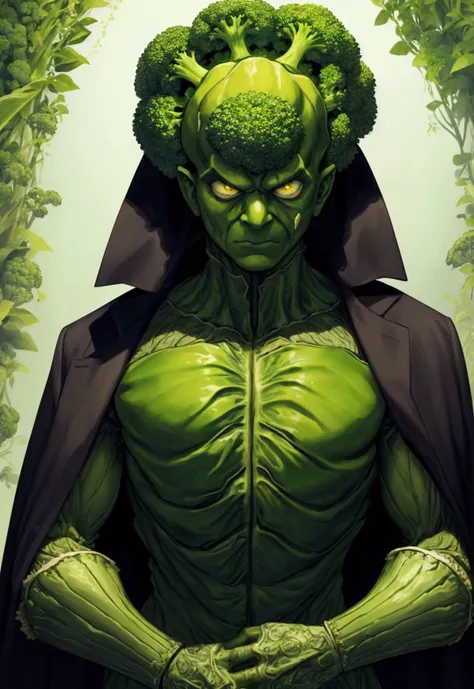 A man wrapped entirely in green broccoli,Skin color is green,Broccoli growing from head,The face is green,(Image of 1 person),cool,Holding broccoli,Broccoli Armor,Hero,A face full of anger,Golem,