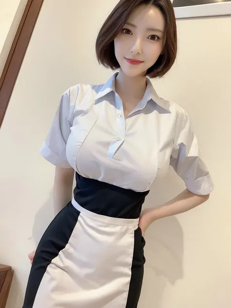 Highest quality、masterpiece、8k、Very detailed、Realistic、(One person:1.2)、Looking at me with a smile、whole body、Black Hair、Short Hair、Small face、Slender、(Very large breasts:1.2)、Thin and beautiful legs、narrow and constricted waist,、(Family Restaurant Uniform...