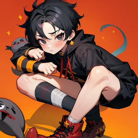 brawl stars, chibi boy, black short hair,mini boy ponytail,blush on the cheeks, black  eyes,dark gray mask on the eyes, red mini bandage around the neck, gray long hoodie, short sleeves, skinny legs, big red boots with yellow stars, seal tail