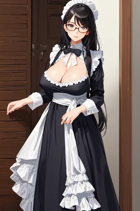 {{masterpiece}},high quality, 4K, 2D, 1 girl,{simple gray background},(attractive mature lady:1.6),milf,standing,sagging breasts,(gigantic breasts:1.5),maid,front face,{{tareme}},attractive mature lady,black hair, {from right in front of face and body},Vie...