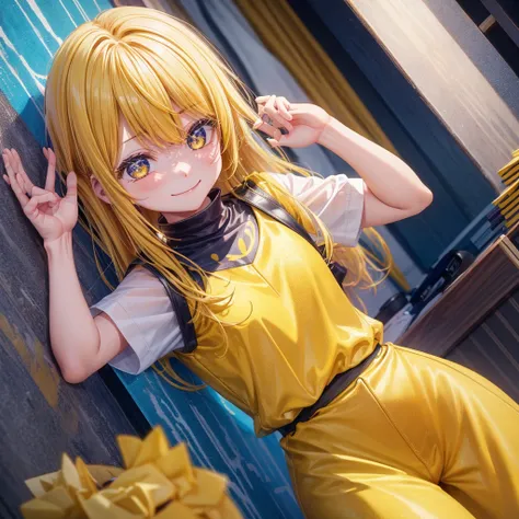 A clumsy, yellow-haired girl wearing yellow clothes。Looking at the camera and smiling shyly。