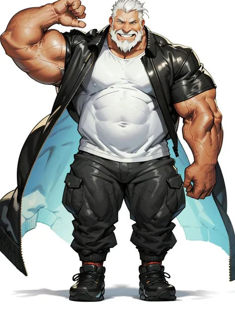 huge muscular old man, standing, smile, happy, wearing leather jacket, open jacket, sleeved, white tshirt, thick arms, wide pectoral, full body, front view, masterpiece, proportional, white hair, bearded, huge and giant