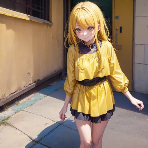 A clumsy, yellow-haired girl wearing yellow clothes。Looking at the camera and smiling shyly。