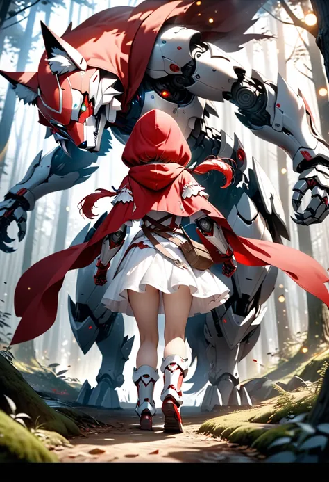 fantasy cg art,1girl with red twintail hair,(cute red and white robot armor),(long red hood,red and white decorated sword held i...