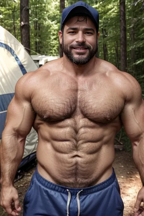 Masterpiece, Best Quality, High resolution, (1 chico:1.4), male focus, tanned skin, 50-year-old camper on campsite in forest with campfire in the background, wearing baseball cap and joggers, brown hair, italian, furry, beefy, chubby, dad body, dad bod, wa...