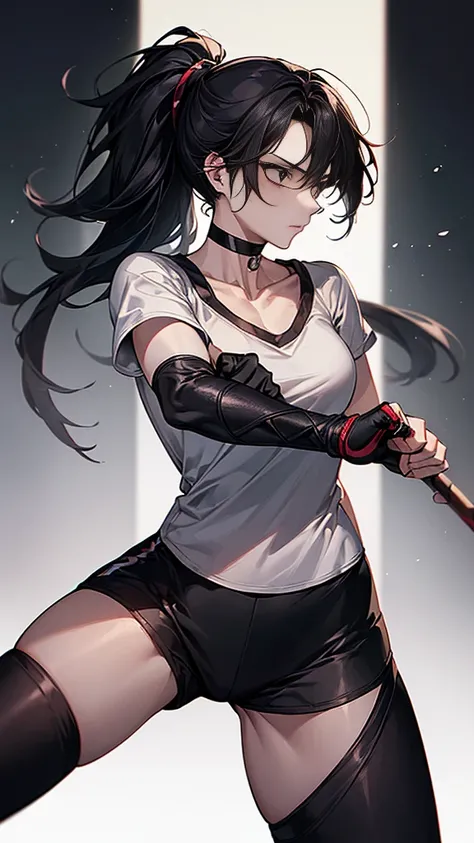 ((Highest quality)), ((masterpiece)), (detailed)　｛{{Slender female martial arts instructor}}｝　Shorts　{{Décolletage}}　{{White short-sleeved T-shirt with long length}}　Mature Woman　((Combat Stance))　Long fingerless gloves　Black tights　{{Inside the dojo}}　Bla...