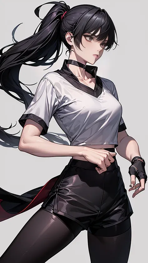 ((Highest quality)), ((masterpiece)), (detailed)　｛{{Slender female martial arts instructor}}｝　Shorts　{{Décolletage}}　{{White short-sleeved T-shirt with long length}}　Mature Woman　((Combat Stance))　Long fingerless gloves　Black tights　{{Inside the dojo}}　Bla...