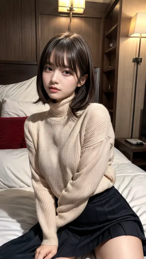 masterpiece, best quality, illustration, Super detailed, fine details, High resolution, 8K,wall paper, perfect dynamic composition,(Details High quality, realistic depiction of eyes:1.3), Tight turtleneck pink sweater, pleated skirt, short bob hair、black h...