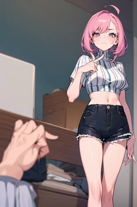 (masterpiece, Best Quality), 1 girl, pink hair, crop top, denim shorts, bedroom, striped thighs. A person is standing with a mocking facial expression. His right hand is raised and his index finger and thumb form an &#39;L&#39; which is placed on his foreh...