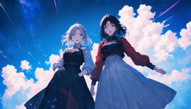 Starry Sky, After the Rain, horizon , In the sky,Lens flare, colorful,Put your hands in your pockets,(Her short silver hair sways, Pale skin, Lack of eye sparkle) Look up at the sky, Beautiful sky, There is an ocean,White Street,The scenery is beautiful, 広...